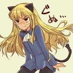  angry animal_ears bad_id bad_pixiv_id black_legwear blonde_hair blush brown_background cat_ears cat_tail clenched_teeth cowboy_shot glasses leaning_forward long_hair long_sleeves military military_uniform pantyhose perrine_h_clostermann simple_background solo strike_witches suo_(sndrta2n) tail teeth text_focus translated tsundere uniform world_witches_series yellow_eyes 