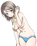  blue_eyes blue_panties blush bow bow_panties breasts brown_hair closed_mouth convenient_arm cowboy_shot hand_on_own_thigh highres large_breasts leaning_forward light_brown_hair looking_at_viewer love_live! love_live!_sunshine!! navel panties rozen5 simple_background smile solo sweat topless towel towel_around_neck underwear underwear_only watanabe_you white_background white_bow yellow_towel 