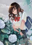  bag brown_eyes brown_hair cloud cloudy_sky crossed_arms day flower fly_(marguerite) hydrangea long_hair looking_at_viewer open_mouth original ribbon school_bag school_uniform sky solo wet wet_clothes 
