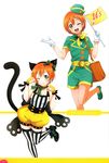  ;3 ;d absurdres animal_ears artist_request bag blush bow cat_ears cat_tail character_name fingerless_gloves flag gloves green_eyes hair_ornament hat highres hoshizora_rin looking_at_viewer love_live! love_live!_school_idol_festival love_live!_school_idol_project multiple_views non-web_source official_art one_eye_closed open_mouth orange_hair paw_pose ribbon scan short_hair shorts smile striped striped_legwear tail tour_guide vertical-striped_legwear vertical_stripes white_gloves 