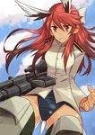  angry animal_ears brave_witches cloud day flying gluteal_fold gun hair_ribbon karibuchi_takami long_hair looking_down military military_uniform outdoors red_eyes red_hair sky standing strike_witches striker_units suo_(sndrta2n) swimsuit swimsuit_under_clothes tail world_witches_series 