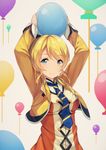  arms_up ayase_eli balloon bangs blonde_hair blue_eyes cropped_jacket earrings holding holding_balloon jewelry long_sleeves looking_at_viewer love_live! love_live!_school_idol_project necktie sidelocks siva_(executor) smile solo spade_(shape) striped striped_neckwear sunny_day_song swept_bangs upper_body 