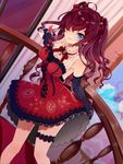  :3 ;p ahoge alcohol bangs black_gloves blue_eyes bow breasts brown_hair cross-laced_clothes cup curly_hair dress dress_lift drinking_glass dutch_angle earrings elbow_gloves frilled_dress frills gloves hair_over_one_eye hair_ribbon highres holding holding_cup ichinose_shiki idolmaster idolmaster_cinderella_girls idolmaster_cinderella_girls_starlight_stage jewelry large_breasts long_hair looking_at_viewer obybuss one_eye_closed railing red_dress ribbon short_dress sleeveless sleeveless_dress solo thigh_strap tongue tongue_out two_side_up wine wine_glass 