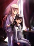  black_hair blonde_hair collarbone eyebrows eyebrows_visible_through_hair hair_brushing holding_brush indoors long_hair multiple_girls open_mouth original pajamas purple_eyes red_eyes sitting smile tsumiwara 