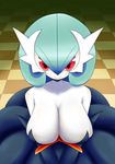  1girl alternate_color blue_hair breasts cleavage female gardevoir looking_at_viewer mega_gardevoir neichii nintendo no_humans pokemon pokemon_(game) red_eyes shiny_pokemon short_hair smile solo white_skin 