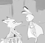  2016 3_fingers anthro arm_support balcony boots building canine cape clothing disney duo ear_markings ears_back ears_up facial_markings female floating footwear fox grey_background judy_hopps judylavernehopps lagomorph leaning leaning_forward male mammal markings monochrome necktie nick_wilde outside rabbit simple_background sketch sky standing superhero zootopia 