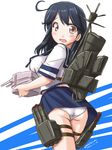  2016 ahoge anchor ass black_hair breast_rest breasts brown_eyes dated kantai_collection large_breasts machinery open_mouth panties pleated_skirt rigging school_uniform serafuku skirt solo tatsumi_ray turret twitter_username underwear ushio_(kantai_collection) white_panties 