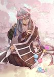  armor blue_eyes blue_hair closed_mouth earrings hair_between_eyes japanese_armor japanese_clothes jewelry kote kousetsu_samonji kumataru lips long_hair looking_to_the_side male_focus origami paper_chain smile solo tassel touken_ranbu very_long_hair 