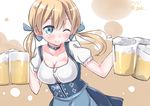  alcohol beer beer_mug blonde_hair blue_eyes blush breasts choker cleavage commentary cup dated dirndl gedoo_(gedo) german_clothes hair_ribbon highres holding holding_cup kantai_collection low_twintails medium_breasts oktoberfest one_eye_closed prinz_eugen_(kantai_collection) ribbon smile solo twintails twitter_username upper_body 