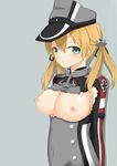  areolae blush breasts breasts_outside closed_mouth green_eyes hair_ornament hair_ribbon hat kantai_collection long_hair looking_at_viewer nipples orange_hair prinz_eugen_(kantai_collection) ribbon shiny shiny_skin simple_background solo tied_hair torn_clothes toshishikisai twintails upper_body 