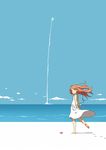  arms_behind_back barefoot beach brown_eyes brown_hair closed_mouth cloud day dress footprints from_side highres kneepits long_hair original outdoors own_hands_together rocket samnedar sky sleeveless sleeveless_dress smile solo starfish sundress water wind 