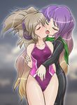 alternate_costume alternate_hair_length alternate_hairstyle arms_behind_back blonde_hair competition_swimsuit french_kiss gradient_hair green_scarf hand_on_another's_stomach hijiri_byakuren kiss long_hair multicolored_hair multiple_girls one-piece_swimsuit open_mouth saliva scarf swimsuit touhou toyosatomimi_no_miko turbo_byakuren winn yuri 