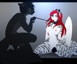  anthro black_bars black_hair black_nose black_stripes canine cat collar crouching duo feathered_wings feathers feline female fur hair here-kitty--kitty male mammal nipples nude pink_nipples pussy red_hair smile striped_fur stripes white_feathers wings yellow_eyes 