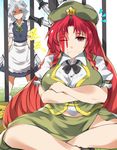  anger_vein apron bad_id bad_pixiv_id blood blood_on_face braid breasts crossed_arms empty_eyes hong_meiling indian_style izayoi_sakuya knife large_breasts maid maid_apron maid_headdress mizukami_ryouma multiple_girls one_eye_closed red_eyes red_hair saliva saliva_trail silver_hair sitting skirt sleeping touhou twin_braids vest waist_apron zzz 