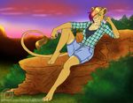  anthro barefoot belt_buckle blonde_hair breasts bush cat clothed clothing colored_sketch denim_shorts detailed_background dress_shirt feet feline female flannel fur gradient_hair grass green_eyes hair jata keisha_makainn lion lion_tail lying mammal mohawk multicolored_fur outside patreon paws red_hair rock shirt shorts solo sunset tank_top two_tone_fur undershirt watermark yellow_fur 