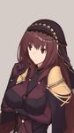  bad_id bad_nicoseiga_id bodysuit breasts brown_hair fate/grand_order fate_(series) large_breasts long_hair mikoto_(oi_plus) pauldrons purple_bodysuit red_eyes scathach_(fate)_(all) scathach_(fate/grand_order) simple_background solo upper_body 