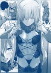  blue blush breasts choker comic dangerous_beast fangs fate/grand_order fate_(series) fujimaru_ritsuka_(male) hair_over_one_eye halloween_costume holding_hands jacket lace lace-trimmed_thighhighs large_breasts mash_kyrielight monochrome navel no_pants o-ring o-ring_top open_clothes open_jacket revealing_clothes short_hair syatey tail thighhighs undressing wolf_tail 