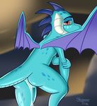  2016 anus butt cum cum_in_pussy cum_inside cyan_scales dragon female feral friendship_is_magic horn looking_at_viewer looking_back membranous_wings my_little_pony princess_ember_(mlp) pussy red_eyes scales scalie solo spade_tail spread_wings stargazer wings 