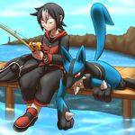  2016 ambiguous_gender bag black_fur black_hair blue_fur canine clothing cloud day duo eyes_closed fishing_rod footwear fur hair hi_res human lucario lying male mammal mykiio nintendo on_front outside pants pok&eacute;mon raised_tail red_eyes shoes sitting sky spikes sweater video_games watch water white_hair wood yellow_fur 