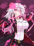  blood blush flower mary_skelter mizunashi_(second_run) pink_eyes rose sleeping_beauty_(mary_skelter) solo tongue tongue_out whip white_hair 