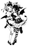  2girls :d akagi_miria demon_girl demon_horns demon_tail demon_wings detached_sleeves fang hair_ornament hairclip halloween highres horns hug idolmaster idolmaster_cinderella_girls kneehighs looking_at_viewer monochrome multiple_girls open_mouth sasaki_chie short_hair simple_background skirt smile striped striped_legwear tail teiryoku_lolita thighhighs twintails two_side_up white_background wings 