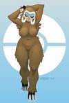  2016 3_toes anthro anthrofied big_breasts blue_skin breasts brown_fur croxot_(artist) female fluffy fur half-closed_eyes mammoth mamoswine naturally_censored navel nintendo nude plantigrade pok&eacute;mon pose simple_background solo tan_skin thick_thighs toes tusks video_games wide_hips 