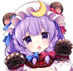  animal_ears bangs bear_ears bear_paws blue_bow blunt_bangs blush bow braid chestnut_mouth commentary_request crescent hair_bow hat hat_bow head_tilt long_hair long_sleeves looking_at_viewer mob_cap open_mouth patchouli_knowledge plaid plaid_scarf purple_eyes purple_hair red_bow scarf shiika_yuno solo teeth touhou twin_braids upper_body 