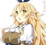  artist_name blonde_hair blush breasts disgaea hair_ornament hair_ribbon iwasi-r large_breasts liezerota long_hair looking_at_viewer makai_senki_disgaea_5 pointy_ears ribbon solo yellow_eyes 