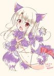  2016 :o animal_ears blush bow cosplay dangerous_beast dated elbow_gloves fang fate/grand_order fate/kaleid_liner_prisma_illya fate_(series) fur_collar fur_trim gloves halloween halloween_costume illyasviel_von_einzbern long_hair looking_at_viewer mash_kyrielight mash_kyrielight_(cosplay) navel open_mouth red_bow red_eyes revealing_clothes sketch solo soukai_(lemonmaiden) tail twitter_username white_hair wolf_ears wolf_tail 