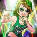  :o armpits backwards_hat bangs baseball_cap belly_peek bluebird_(bluebird90) breasts brown_hair cleavage clothes_writing commentary_request green_hat hand_gesture hat hip_hop holding holding_microphone idol jewelry koizumi_hanayo love_live! love_live!_school_idol_project medium_breasts microphone necklace no_bra purple_eyes short_hair solo stage_lights sunglasses swept_bangs tank_top upper_body v-shaped_eyebrows 