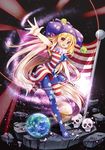  :d american_flag american_flag_dress american_flag_legwear bad_id bad_pixiv_id blonde_hair blush clownpiece commentary_request dress earth fairy_wings fang flag full_body hat jester_cap leg_up long_hair looking_at_viewer neck_ruff open_mouth outstretched_arm pantyhose polka_dot short_dress short_sleeves skull smile solo space standing standing_on_one_leg star star_(sky) star_print striped striped_legwear touhou very_long_hair wings z.o.b 