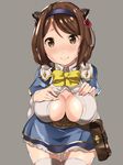  bow bowtie breasts brown_eyes brown_hair child cleavage cleavage_cutout draph granblue_fantasy grey_background hair_bobbles hair_ornament hairband highres horns large_breasts looking_at_viewer oppai_loli paizuri_invitation short_hair simple_background solo thighhighs uni_mmtab white_legwear yaia_(granblue_fantasy) yellow_bow zettai_ryouiki 