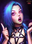  absurdres artist_name ayya_saparniyazova blue_hair character_name copyright_name eyebrows eyelashes fingernails freckles highres huge_filesize jinx_(league_of_legends) league_of_legends lips long_hair nail_polish no_bangs nose open_mouth parted_lips purple_eyes purple_nails solo teeth tongue upper_body watermark web_address 