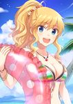  :d bekkourico bikini blonde_hair blue_eyes blush bracelet breasts cleavage day eyebrows eyebrows_visible_through_hair front-tie_top hair_ornament idolmaster idolmaster_cinderella_girls innertube jewelry layered_bikini long_hair looking_at_viewer medium_breasts multicolored multicolored_bikini multicolored_clothes multicolored_stripes necklace ootsuki_yui open_mouth outdoors polka_dot_innertube ponytail smile solo striped swimsuit upper_body 