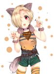  animal_ears bare_shoulders belt bike_shorts blonde_hair choker claw_pose commentary_request fake_animal_ears fake_tail hair_over_one_eye halloween halloween_costume highres idolmaster idolmaster_cinderella_girls looking_at_viewer multicolored multicolored_nails nail_polish open_mouth red_eyes shirasaka_koume short_hair solo striped striped_legwear tail takesyun 