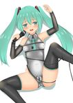  1girl armpit bare_shoulders black_legwear blush breasts cameltoe erect_nipples hair_ornament hatsune_miku holding long_hair long_twintails lying microphone on_back open_mouth simple_background small_breasts solo thighhighs toshishikisai twintails vocaloid white_background 