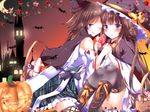  adapted_costume bat blue_eyes brown_hair candy cape commentary_request cosplay double_bun eyebrows eyebrows_visible_through_hair failure_penguin food green_skirt halloween hat hiei_(kantai_collection) holding_hands jack-o'-lantern kantai_collection kongou_(kantai_collection) long_hair looking_at_viewer multiple_girls nanoha-h night night_sky nontraditional_miko open_mouth plaid plaid_skirt pumpkin short_hair skirt sky thighhighs top_hat twitter_username witch_hat yuri 