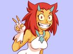  2015 armpits blue_background clothed clothing dofus female gloves hair horn humanoid looking_at_viewer osamodas plagueofgripes purple_eyes red_hair sharp_teeth simple_background smile solo teeth v_sign wide_eyed yellow_skin 