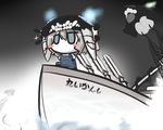  blue_eyes blush_stickers boat chibi commentary_request enemy_aircraft_(kantai_collection) fishing fishing_net goma_(gomasamune) grey_hair hands_on_hips hat kantai_collection knee_up lights night overalls radar_dish shinkaisei-kan sketch sparkle translated watercraft wo-class_aircraft_carrier 