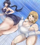  angry ass bai-anime balmung_hhq blonde_hair blue_hair breast_press breasts brown_eyes clenched_teeth competition_swimsuit crossover dutch_angle emphasis_lines highres hip_attack huge_breasts kaminashi_nozomi keijo!!!!!!!! large_breasts looking_at_another multiple_girls narusawa_ryouka occultic;nine one-piece_swimsuit season_connection swimsuit teeth 
