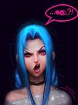  artist_name ayya_saparniyazova black_background blue_hair casual deviantart_username eyebrows eyeshadow freckles highres jinx_(league_of_legends) league_of_legends lips long_hair looking_at_viewer makeup no_bangs nose off-shoulder_shirt open_mouth parted_lips pink_eyes shirt simple_background solo speech_bubble teeth watermark web_address 