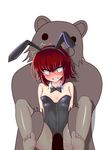  1girl anger annie_hastur blush bunnysuit cat_ears green_eyes held_up pantyhose pedobear penetration rape red_hair restrained rnerhlrl short_hair tagme through_clothes 