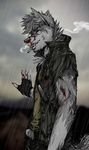  5_fingers anthro belt blood canine chest_tuft cigarette clothing fingerless_gloves fur gloves grey_fur hair jacket linni-fight male mammal multicolored_fur outside raining smoke smoking solo teeth tuft two_tone_fur wounded 