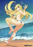  1girl ass bare_legs barefoot beach bikini blonde_hair breasts female full_body hair_ribbon happy huge_ass katsuragi_(senran_kagura) large_breasts legs looking_at_viewer looking_back scan senran_kagura senran_kagura_(series) shiny_skin sky smile swimsuit thong water 