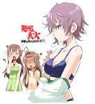  3girls ahoge blood blue_bra blush bra breast_envy breasts brown_hair closed_eyes collarbone commentary_request flat_chest kantai_collection kuma_(kantai_collection) long_hair medium_breasts multiple_girls naked_towel nosebleed nude o_o ooi_(kantai_collection) purple_hair shaded_face short_hair square_mouth tabigarasu tama_(kantai_collection) tan tanline towel translation_request underwear undressing 