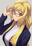  adjusting_eyewear bangs black_jacket blonde_hair breasts closed_eyes closed_mouth collarbone eyebrows eyebrows_visible_through_hair glasses greyscale guchico gundam gundam_tekketsu_no_orphans jacket kudelia_aina_bernstein large_breasts light_smile long_hair long_sleeves looking_at_viewer monochrome purple_eyes red-framed_eyewear simple_background smile solo swept_bangs upper_body 