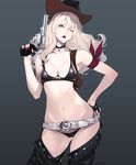  ass_visible_through_thighs belt bikini blonde_hair blue_eyes breasts chaps contrapposto cowboy_hat fingerless_gloves gloves gun hand_on_hip handgun hat highres holster kagetomo_midori lips lipstick long_hair looking_at_viewer makeup medium_breasts mole mole_under_mouth navel one_eye_closed original pale_skin red_lipstick revolver solo standing swimsuit weapon western 