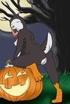  2016 avian beak bird black_feathers breasts feathers female food fruit full_moon halloween holidays jack_o&#039;_lantern looking_at_viewer looking_back moon night nude outside pmoss puffin pumpkin pussy raised_tail side_boob solo wings 