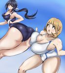  2girls ;o angry antenna_hair ass black_hair blonde_hair blue_eyes blue_hair blush bouncing_breasts breasts brown_eyes brown_hair clenched_teeth competition_swimsuit crossover dutch_angle eyebrows eyebrows_visible_through_hair eyes_visible_through_hair highres hip_attack huge_ass huge_breasts kaminashi_nozomi keijo!!!!!!!! large_breasts leaning_forward long_hair multiple_girls narusawa_ryouka occultic;nine one-piece_swimsuit one_eye_closed open_mouth outdoors ponytail season_connection swimsuit viperxtr water 
