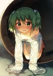  all_fours bad_id bad_pixiv_id bangs barefoot blush breasts bucket collarbone downblouse extended_downblouse full_body green_eyes green_hair hair_bobbles hair_ornament hair_over_eyes in_bucket in_container japanese_clothes kimono kisume long_sleeves looking_at_viewer no_bra off_shoulder open_mouth see-through shinoba shiroshouzoku short_hair short_kimono short_twintails sleeves_past_wrists small_breasts solo touhou twintails wet wet_hair wooden_bucket 